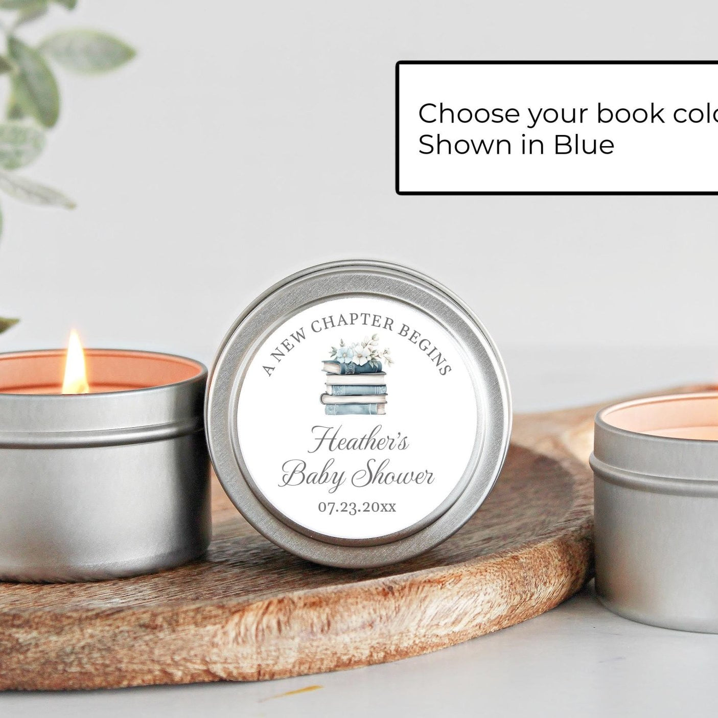 A new Chapter Baby Shower Favors | Personalized Candle Tins | Storybook Theme | Bulk Set of 10 - The Dancing Wick