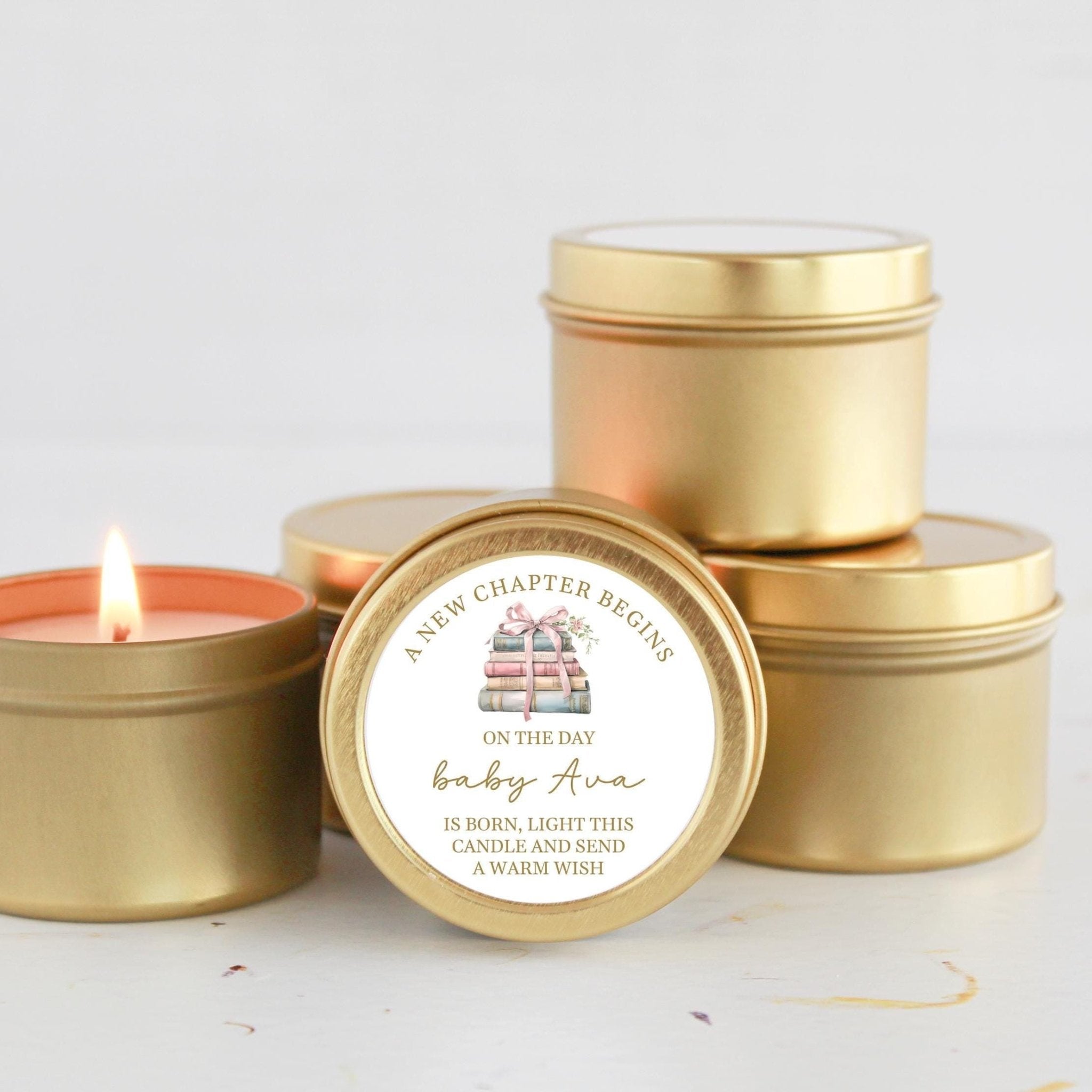 A new Chapter Baby Shower Favors | Personalized Candle Tins | Storybook Theme | Bulk Set of 10 - The Dancing Wick