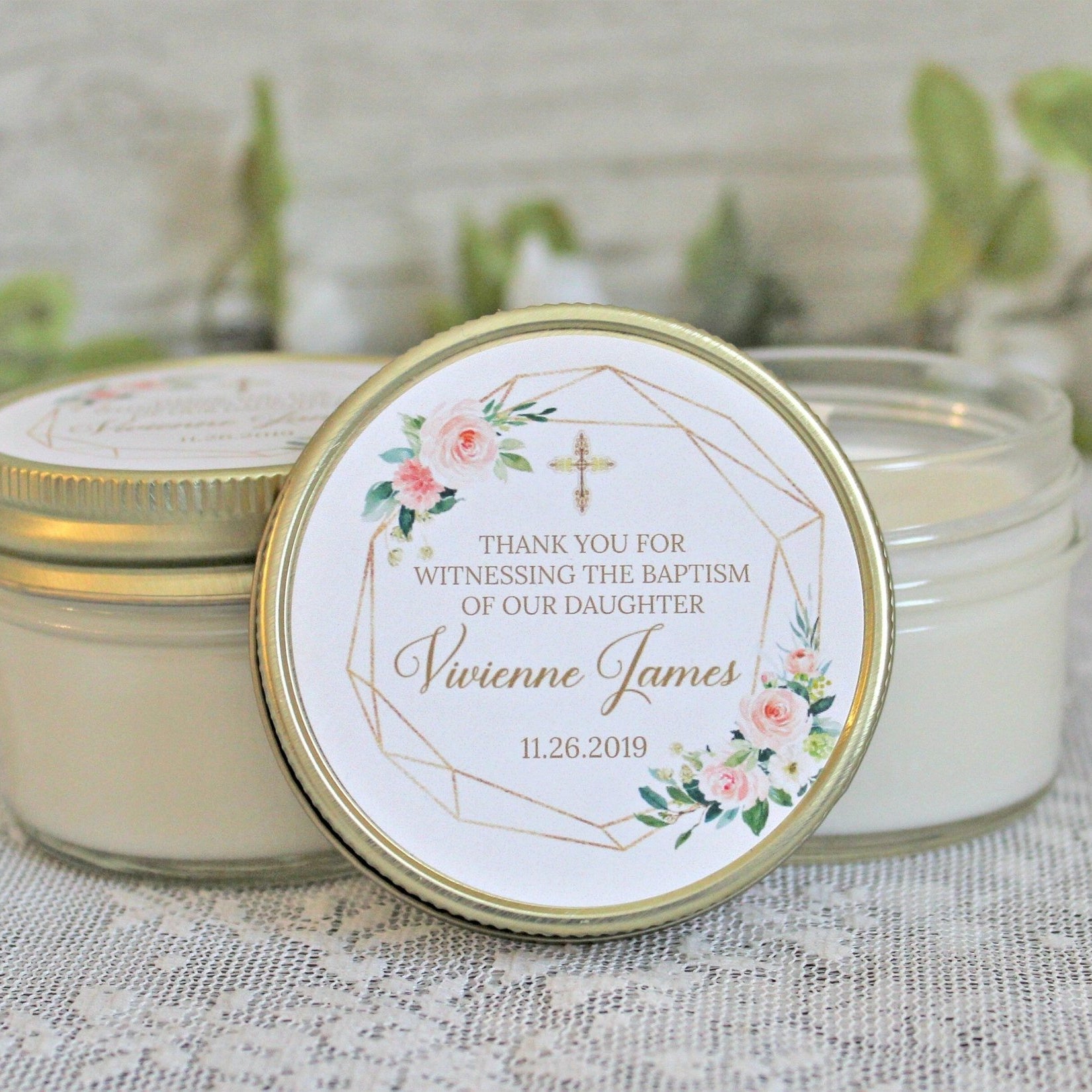 Blush, Gold & Greenery Baptism Favors - The Dancing Wick