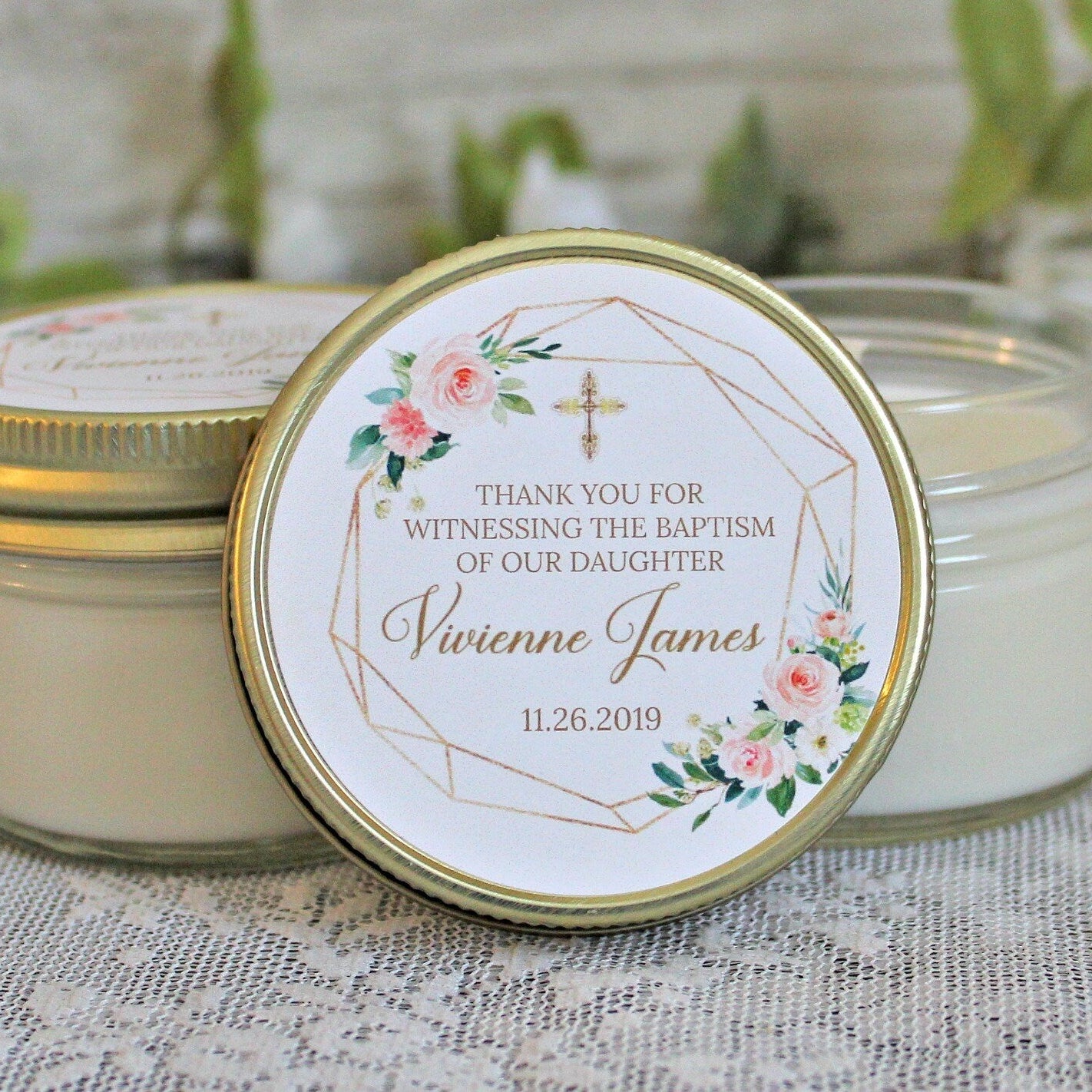 Blush, Gold & Greenery Baptism Favors - The Dancing Wick