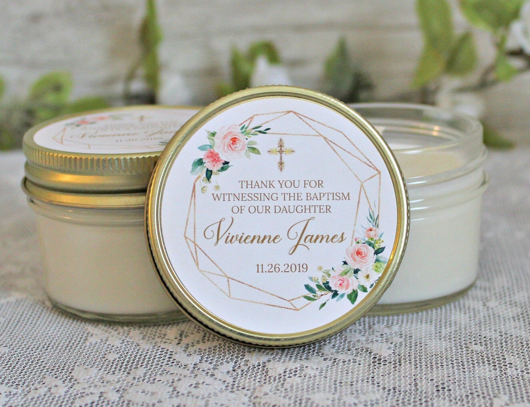 Blush, Gold & Greenery Baptism Favors - The Dancing Wick