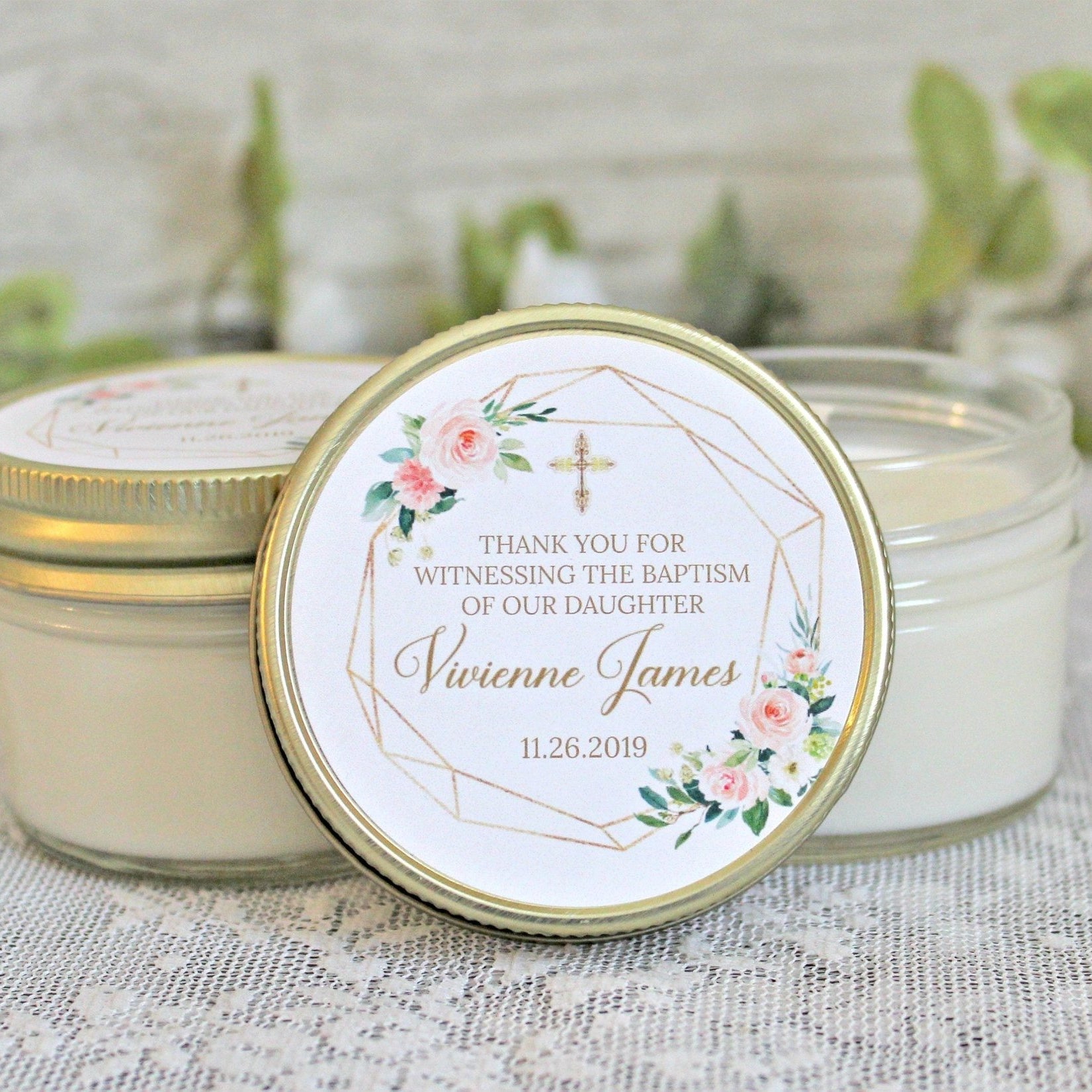 Blush, Gold & Greenery Baptism Favors - The Dancing Wick