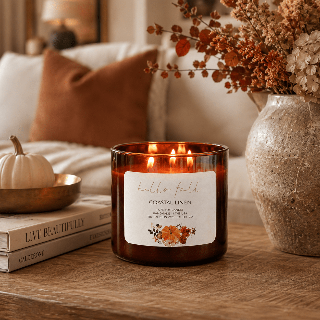 Coastal Linen - 3 Wick Fall Pumpkin Candle - The Dancing Wick