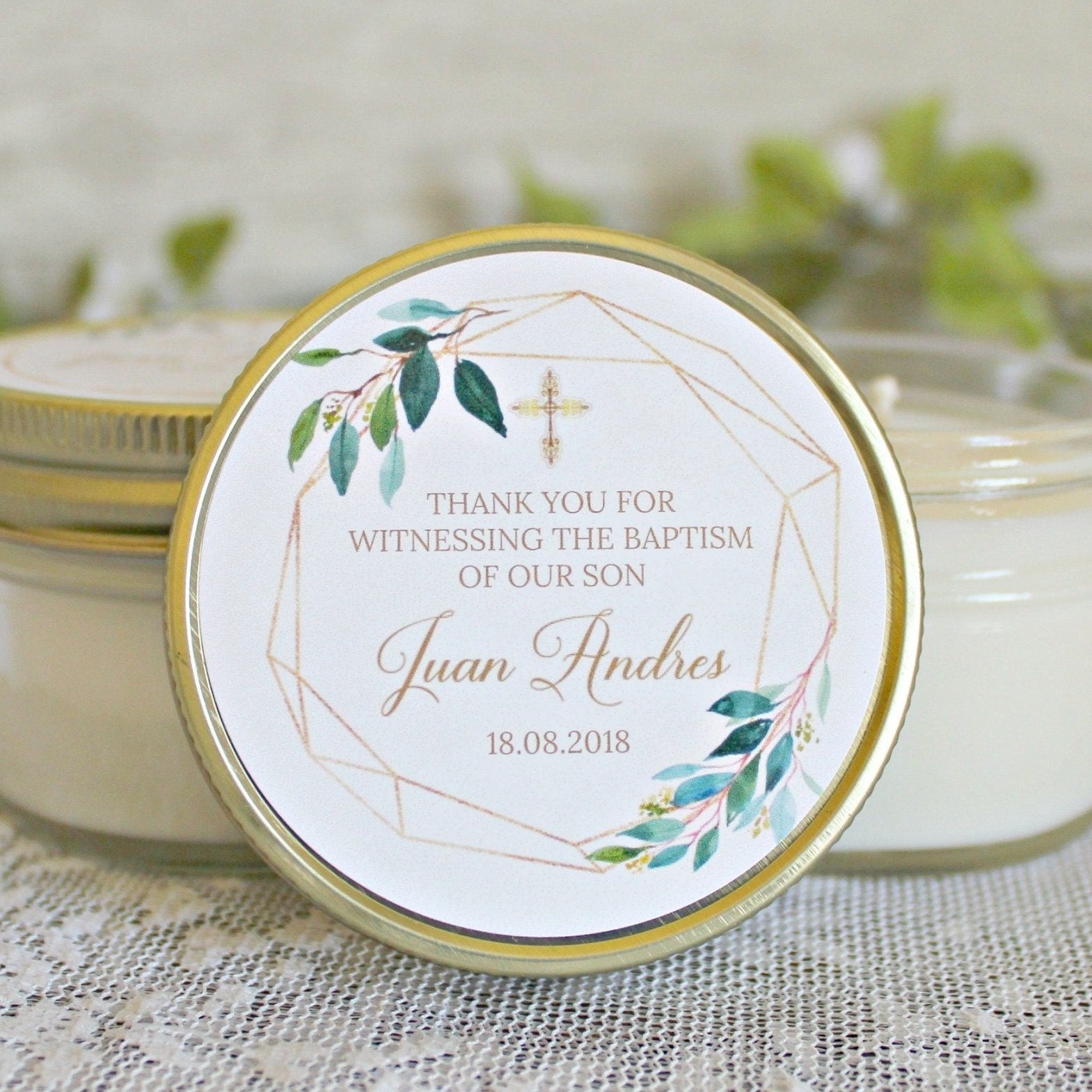 Gold & Greenery Baptism Favors - The Dancing Wick