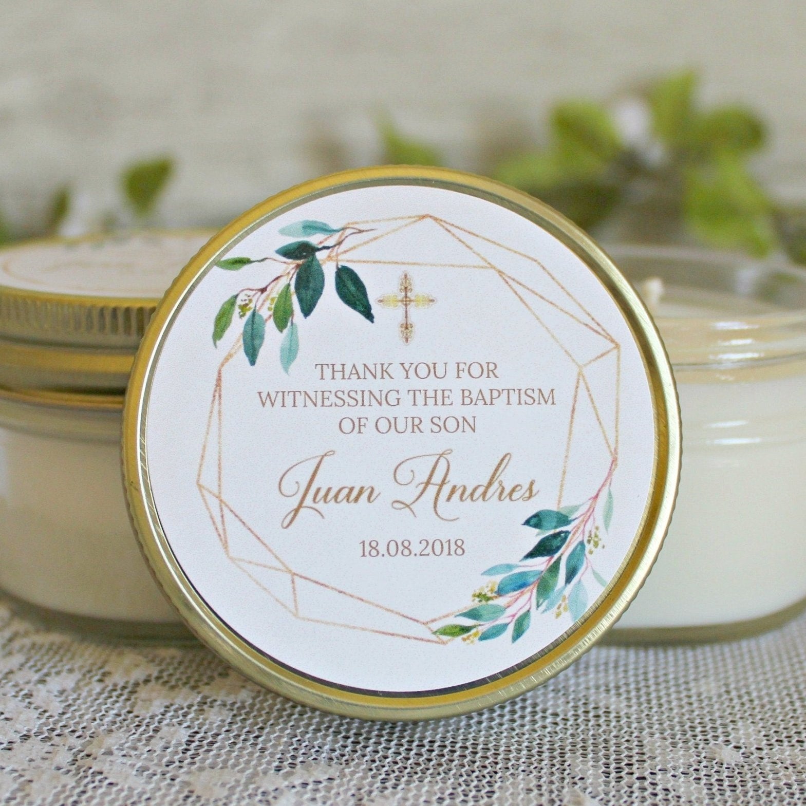 Gold & Greenery Baptism Favors - The Dancing Wick