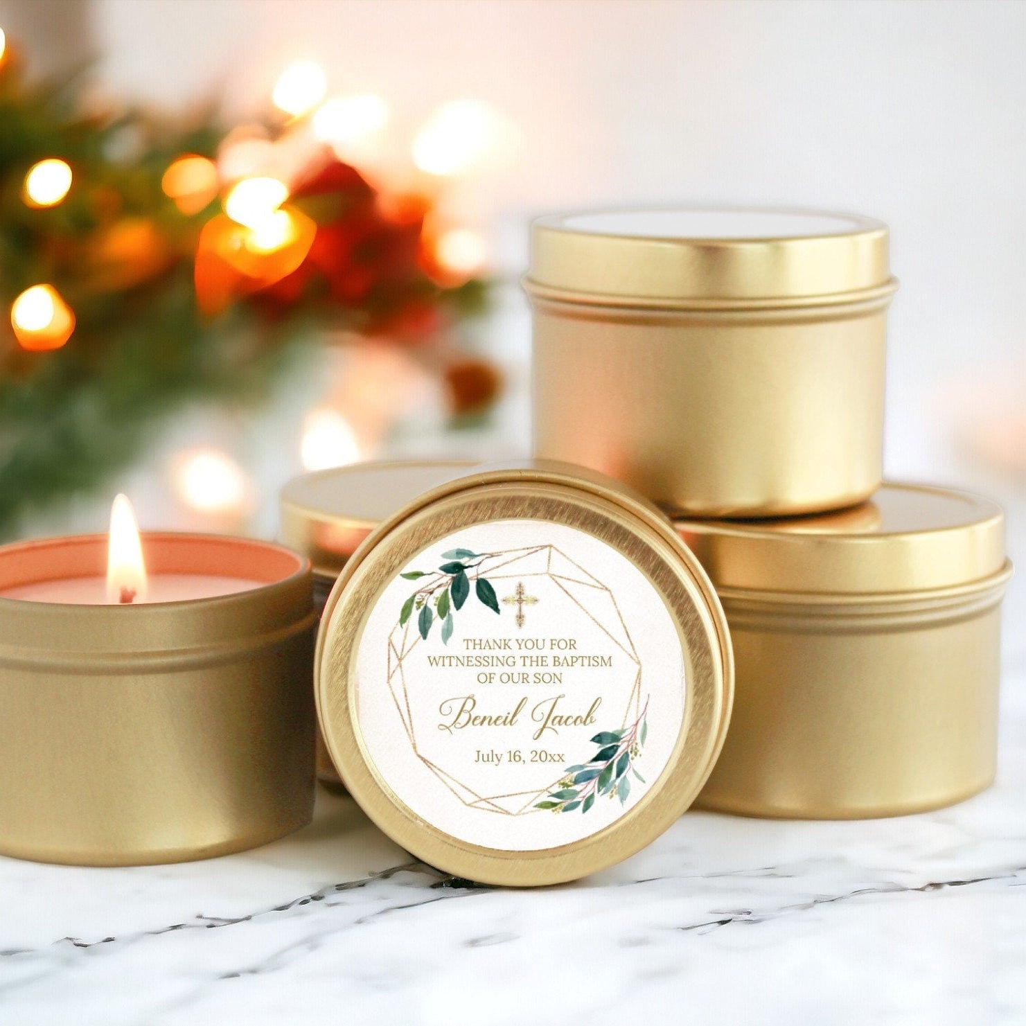 Greenery & Gold Baptism Tins - Set of 10 - The Dancing Wick