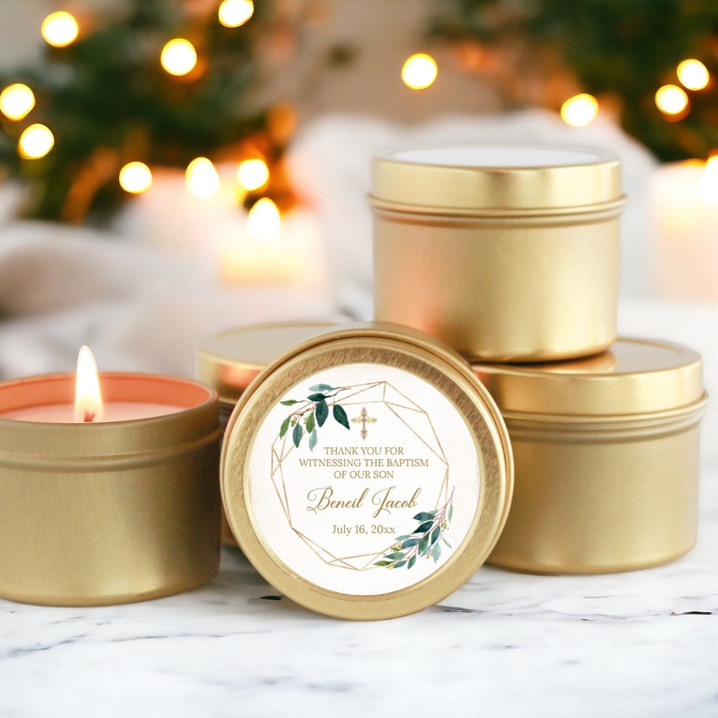 Greenery & Gold Baptism Tins - Set of 10 - The Dancing Wick