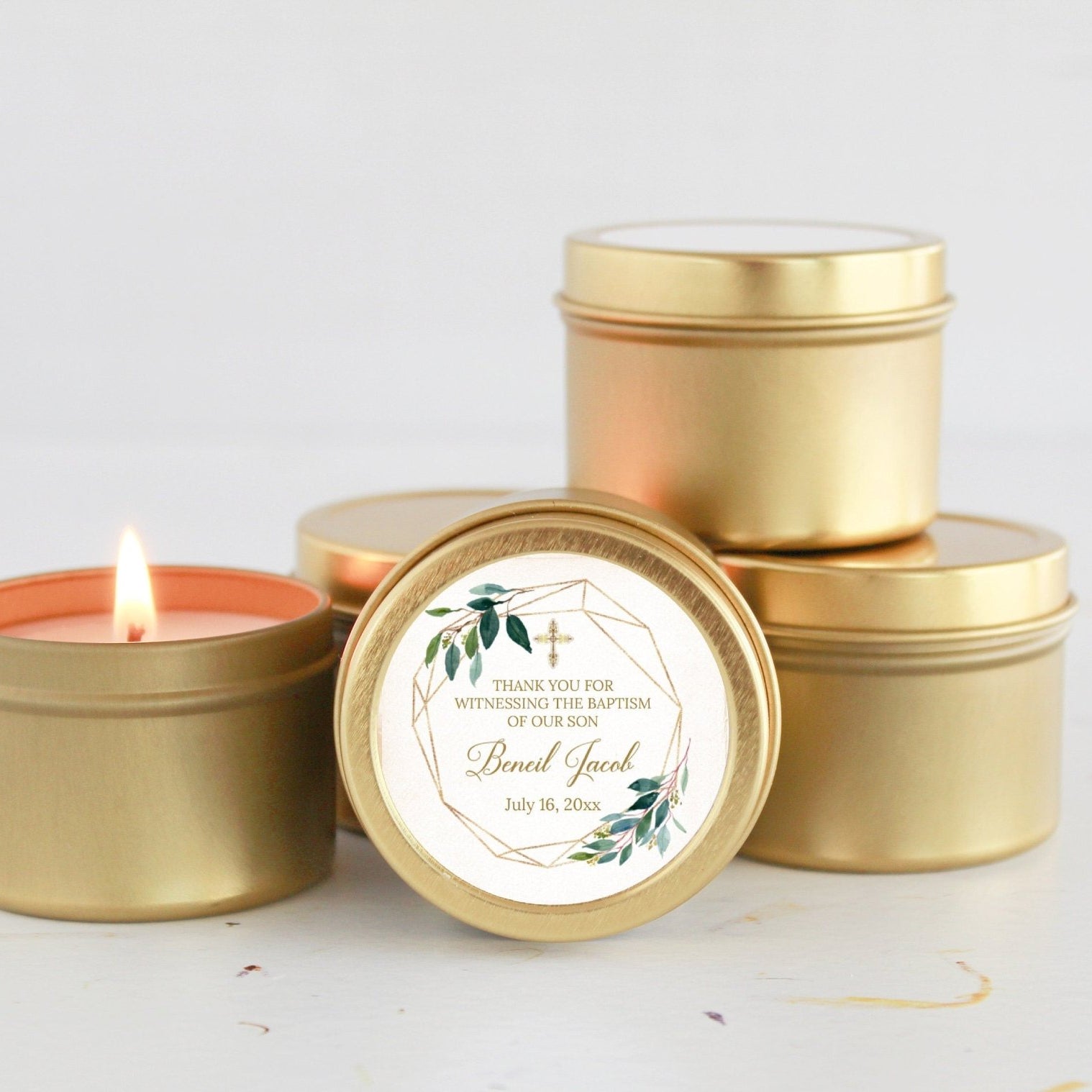 Greenery & Gold Baptism Tins - Set of 10 - The Dancing Wick