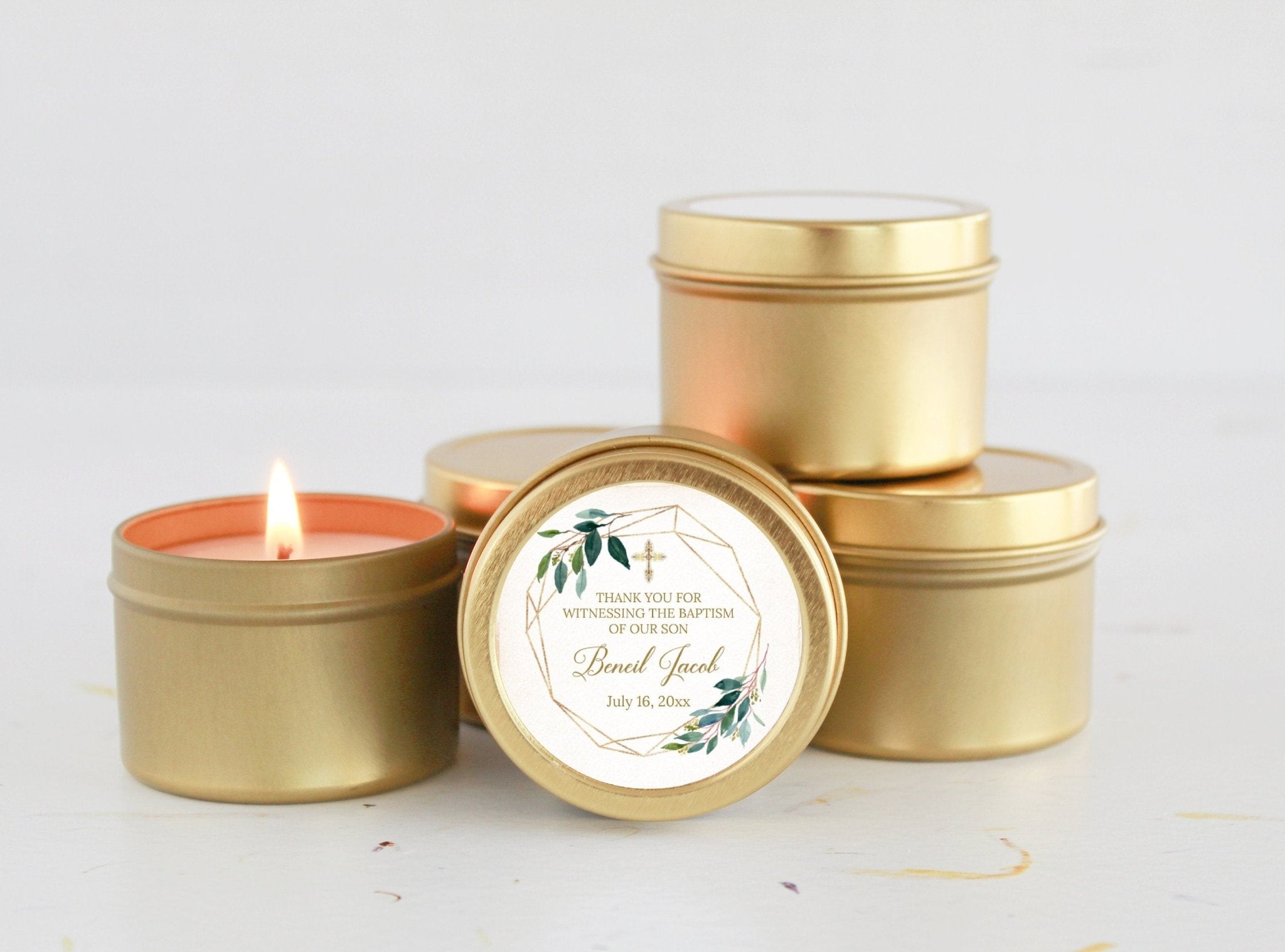 Greenery & Gold Baptism Tins - Set of 10 - The Dancing Wick