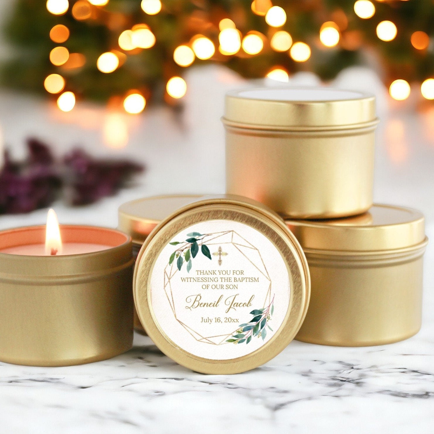 Greenery & Gold Baptism Tins - Set of 10 - The Dancing Wick