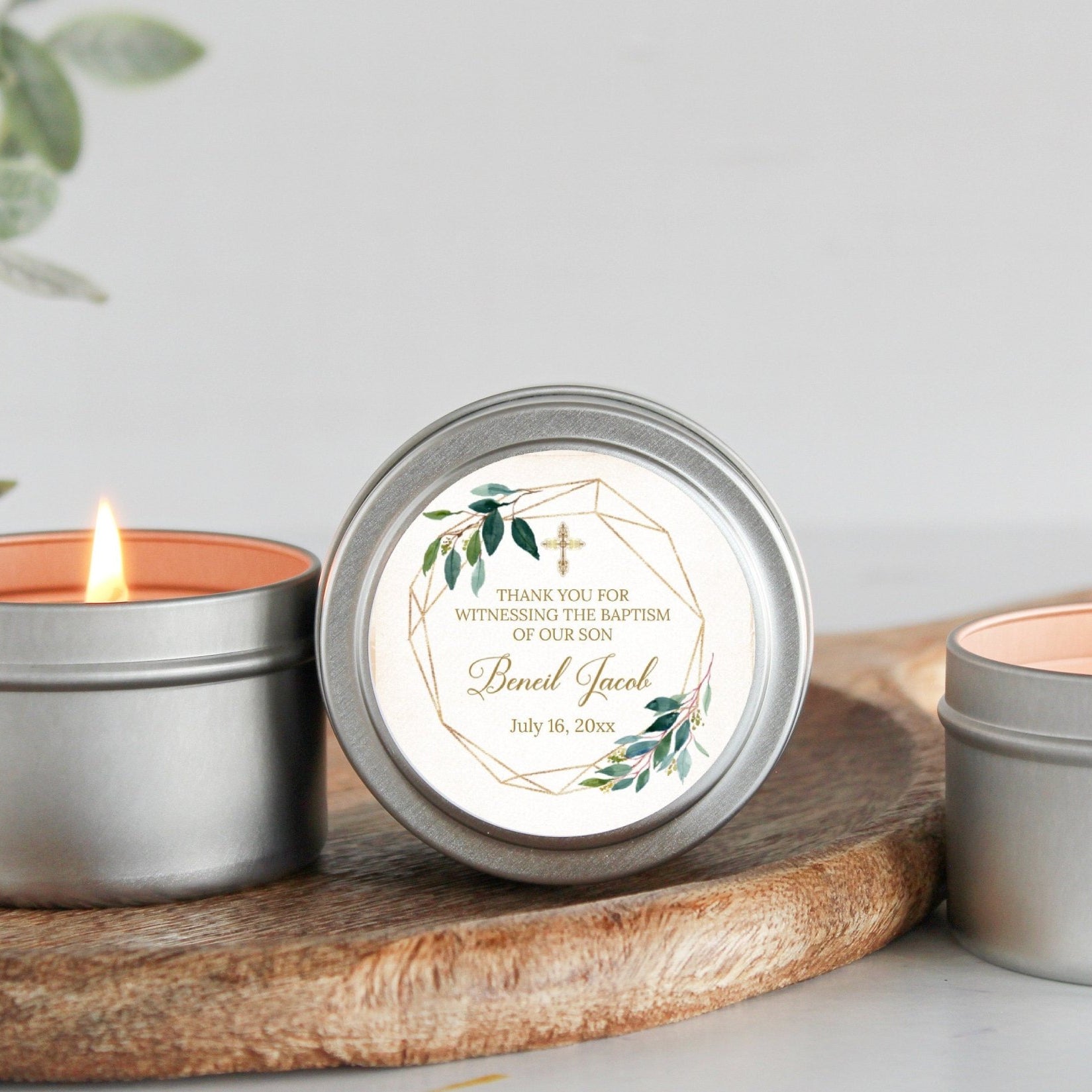 Greenery & Gold Baptism Tins - Set of 10 - The Dancing Wick