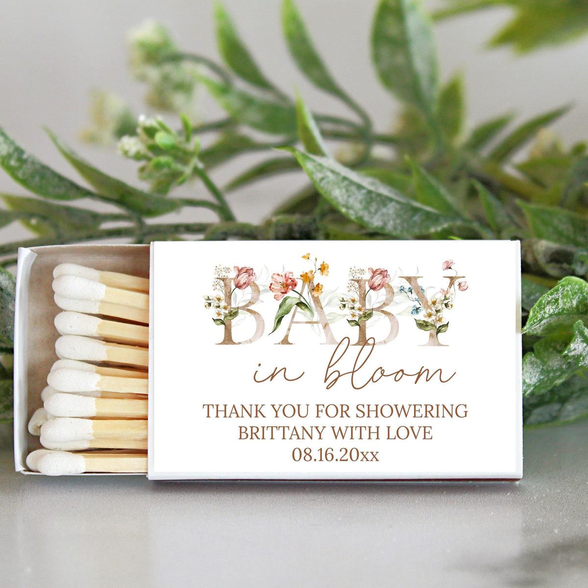 Spring Baby Shower Matches / SET OF 10 / Baby in Bloom Personalized Shower Favors / Custom Party Favors / Unique Favor