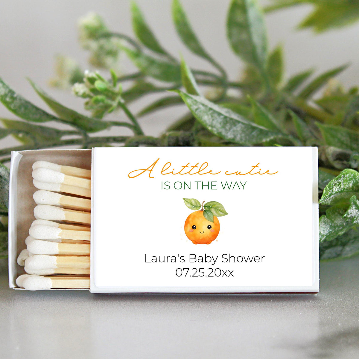 Little Cutie Baby Shower Matchbox Favors - Set of 10 Cute Orange Theme Matches - Custom Baby Shower Party Favors - Personalized Matchboxes