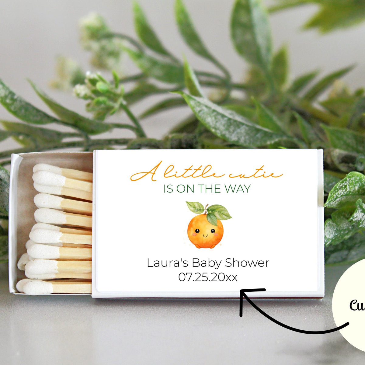 Little Cutie Baby Shower Matchbox Favors - Set of 10 Cute Orange Theme Matches - Custom Baby Shower Party Favors - Personalized Matchboxes