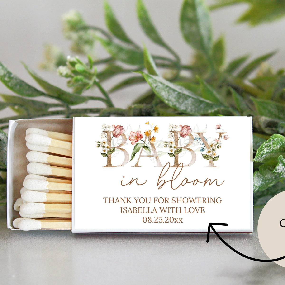 Spring Baby Shower Matches / SET OF 10 / Baby in Bloom Personalized Shower Favors / Custom Party Favors / Unique Favor