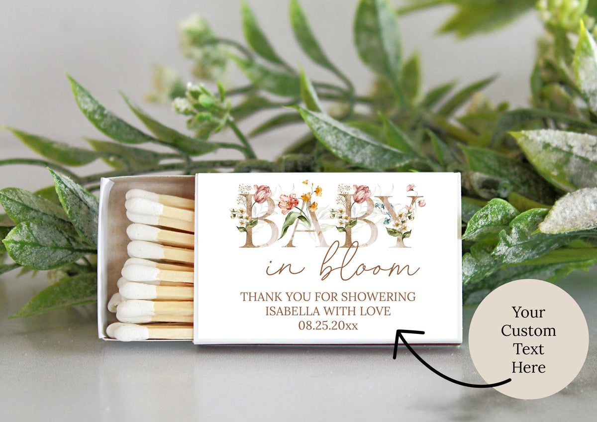 Spring Baby Shower Matches / SET OF 10 / Baby in Bloom Personalized Shower Favors / Custom Party Favors / Unique Favor