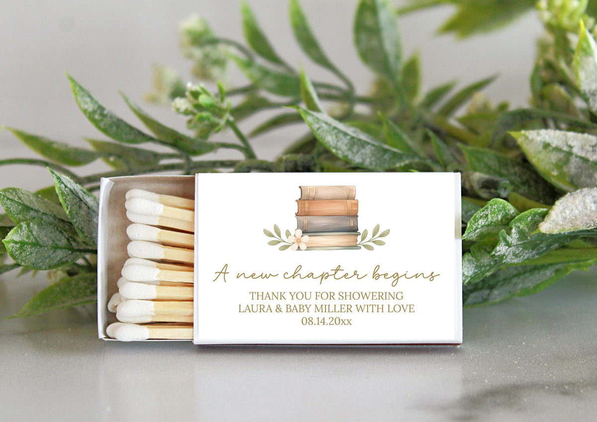 A New Chapter Begins Matchbox Favors | Personalized Baby Shower Favor | Book Themed Birthday Party | Custom Shower Matches