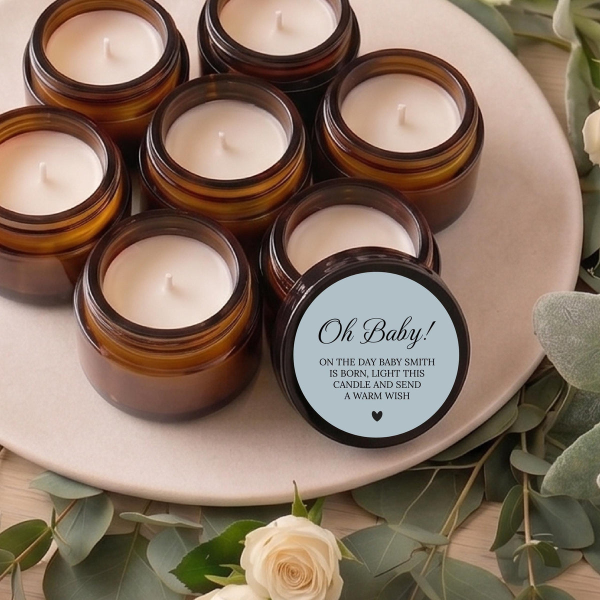 Baby Shower Candle Favors | 1 oz & 2 oz Mini Soy Candles | Oh Baby Custom Guest Bulk Favors in Sets of 10 | Scent of Choice | Brown Glass