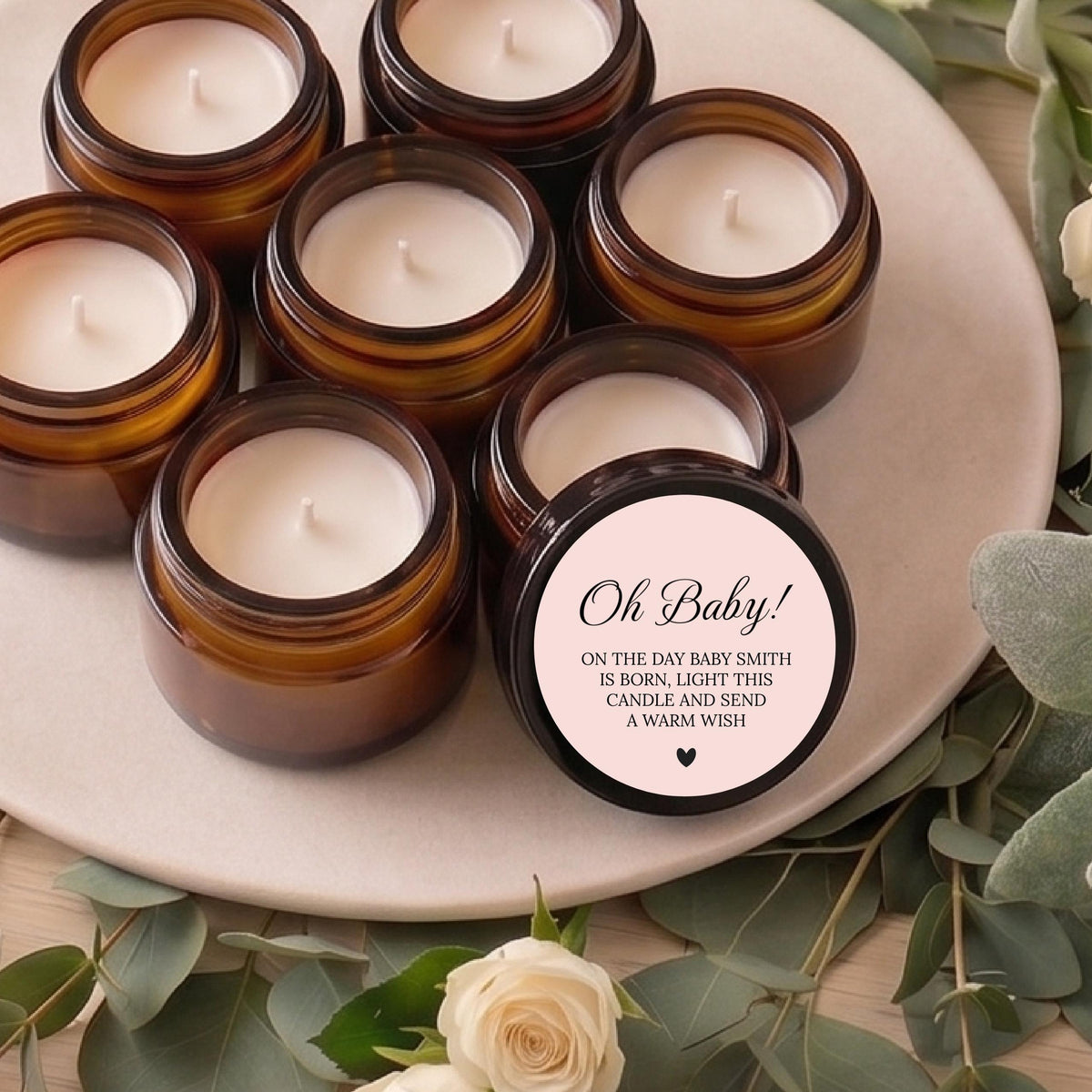 Baby Shower Candle Favors | 1 oz & 2 oz Mini Soy Candles | Oh Baby Custom Guest Bulk Favors in Sets of 10 | Scent of Choice | Brown Glass