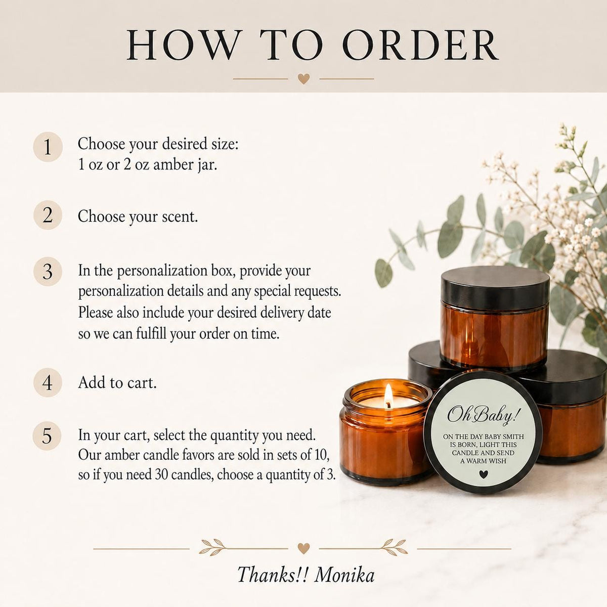 Baby Shower Candle Favors | 1 oz & 2 oz Mini Soy Candles | Oh Baby Custom Guest Bulk Favors in Sets of 10 | Scent of Choice | Brown Glass