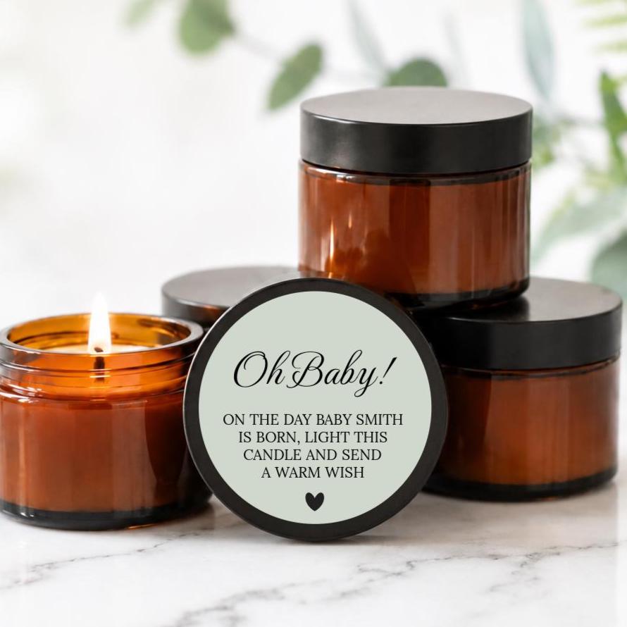 Baby Shower Candle Favors | 1 oz & 2 oz Mini Soy Candles | Oh Baby Custom Guest Bulk Favors in Sets of 10 | Scent of Choice | Brown Glass