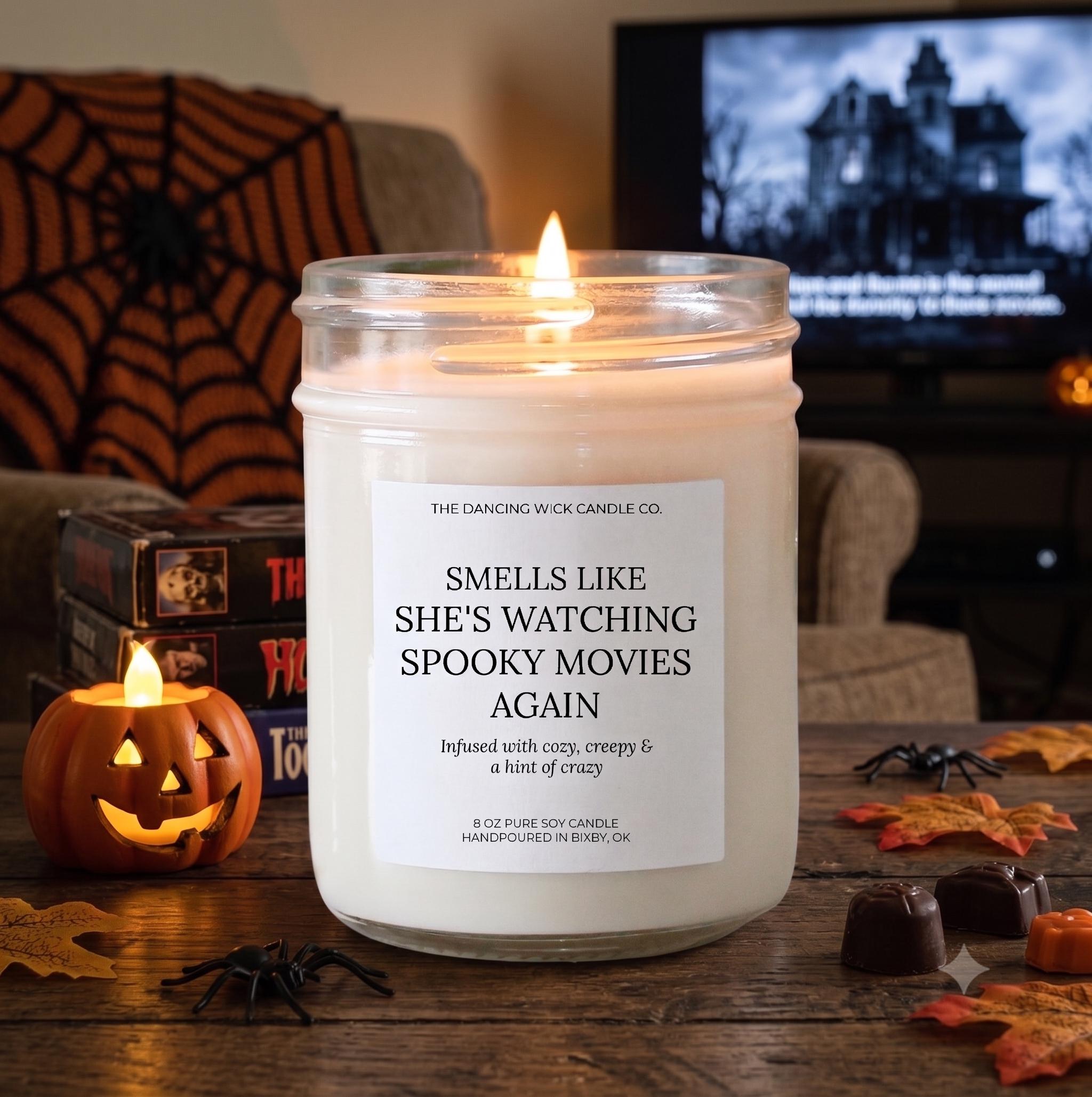 Horror Movie Candle | She’s Watching Spooky Movies Again | 90s Halloween Movie Night | Scary Gift for her | Fall Candle