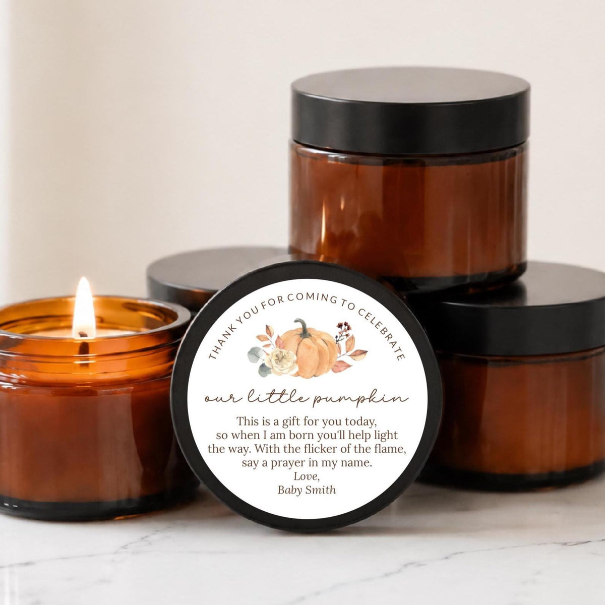 Little Pumpkin Baby Shower Favors | Personalized 1 oz & 2 oz Mini Soy Candles | Brown Glass Jars | Scent of Choice | Sets of 10 Bulk