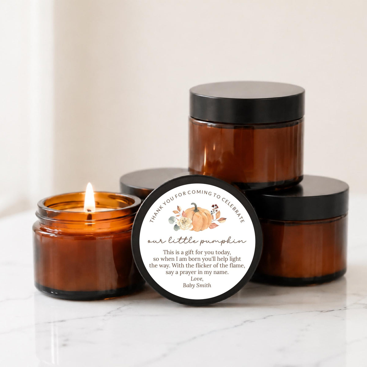 Little Pumpkin Baby Shower Favors | Personalized 1 oz & 2 oz Mini Soy Candles | Brown Glass Jars | Scent of Choice | Sets of 10 Bulk