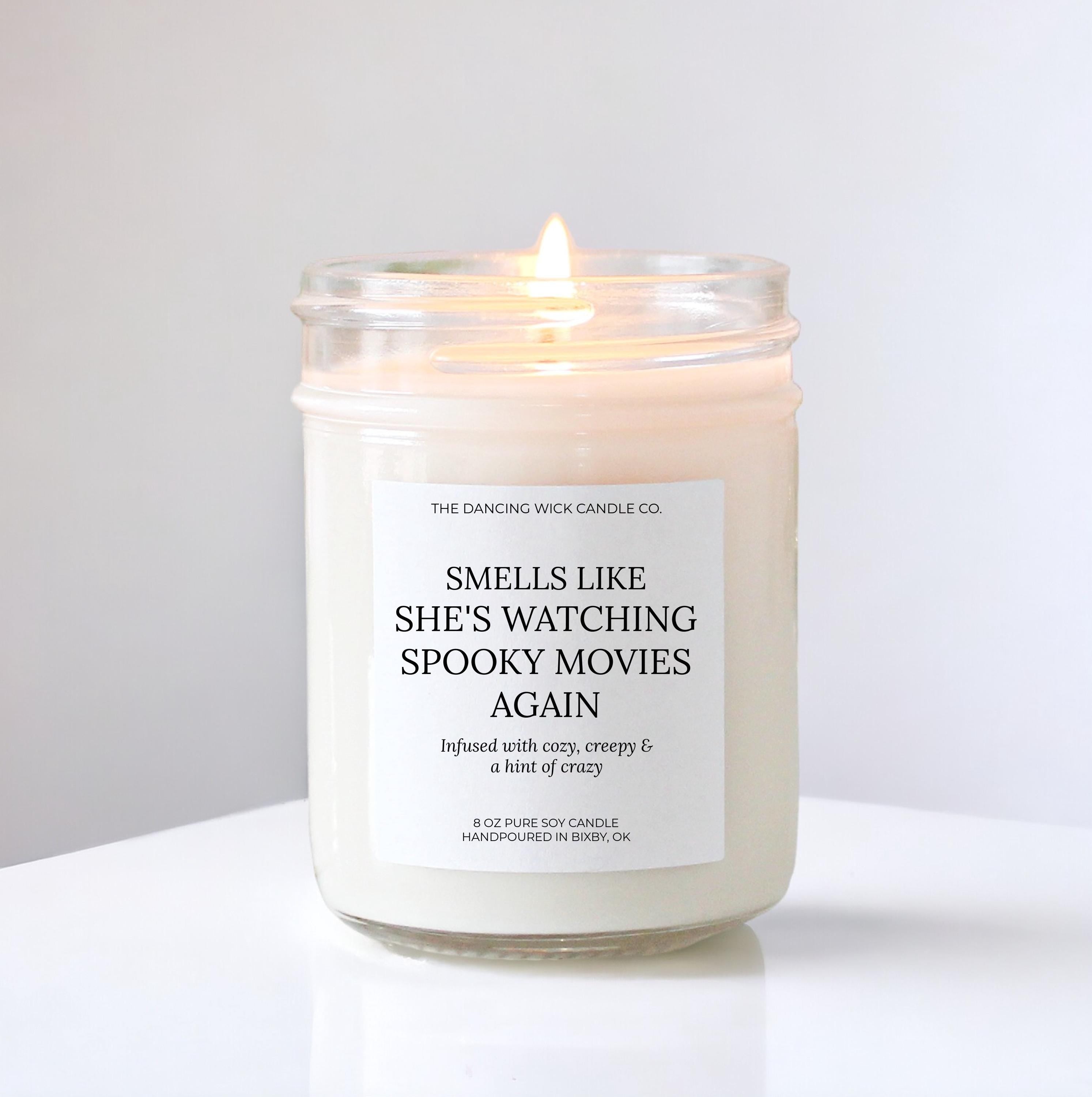 Horror Movie Candle | She’s Watching Spooky Movies Again | 90s Halloween Movie Night | Scary Gift for her | Fall Candle