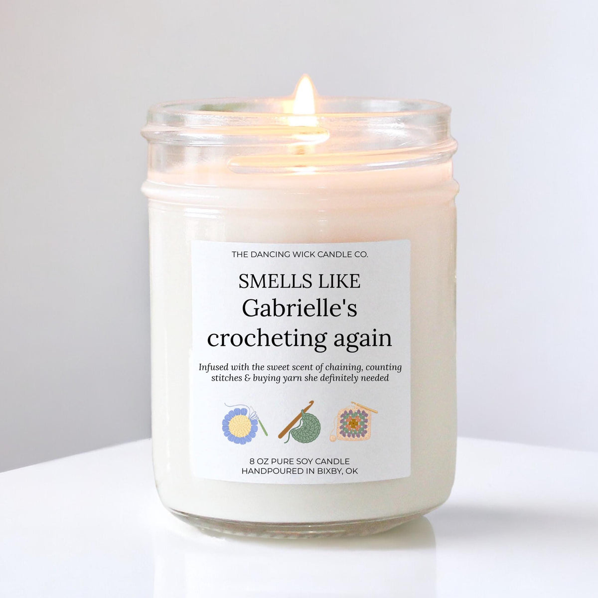 Personalized Crochet Candle, Funny Gift for Crocheters, Yarn Lover Birthday Present, Clear Glass Jar