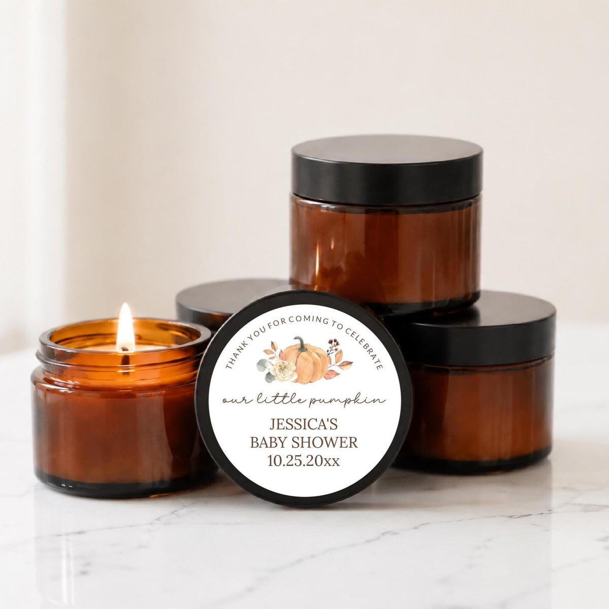 Little Pumpkin Baby Shower Favors | Personalized 1 oz & 2 oz Mini Soy Candles | Brown Glass Jars | Scent of Choice | Sets of 10 Bulk