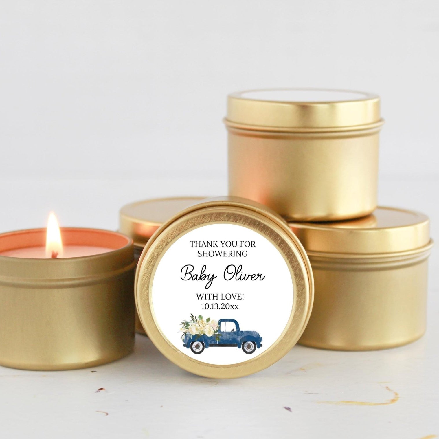 Little Pumpkin Truck Baby Shower Favors Tins - The Dancing Wick