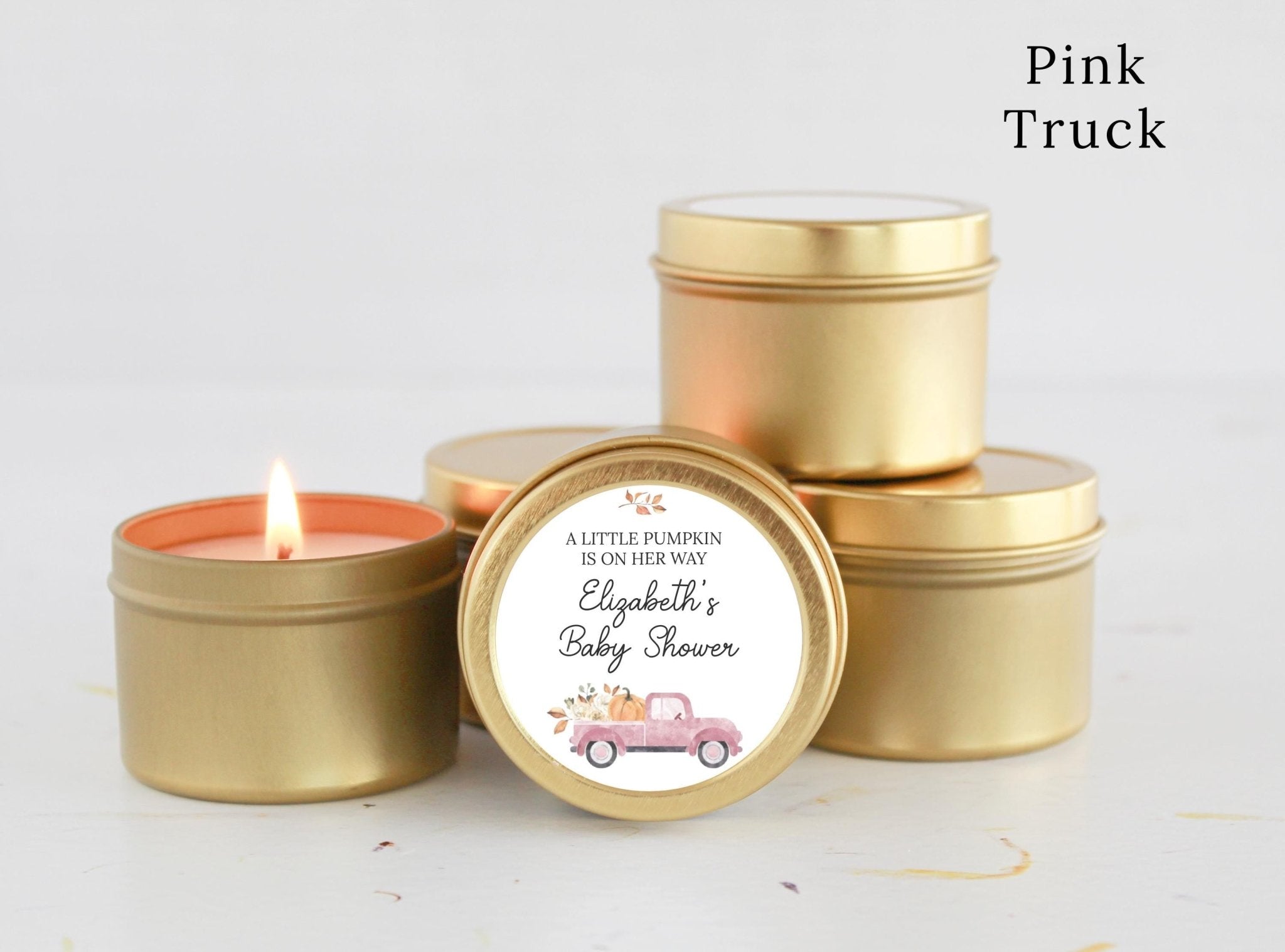 Little Pumpkin Truck Baby Shower Favors Tins - The Dancing Wick