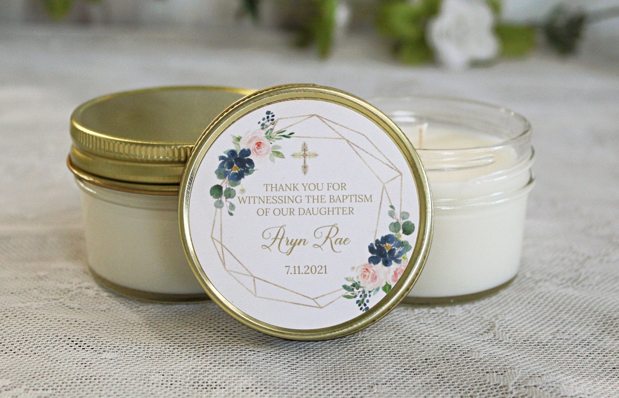 Navy, Blush & Gold Baptism Favors - The Dancing Wick