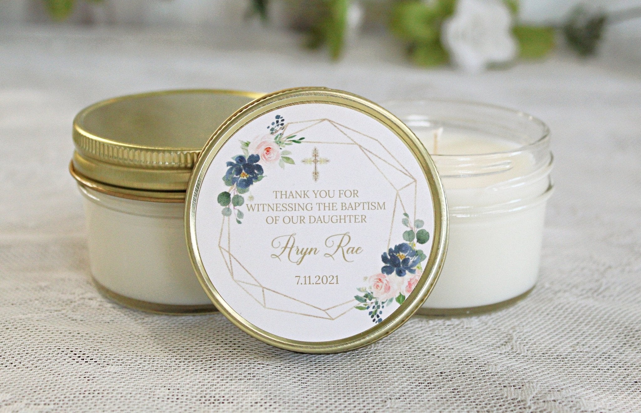 Navy, Blush & Gold Baptism Favors - The Dancing Wick