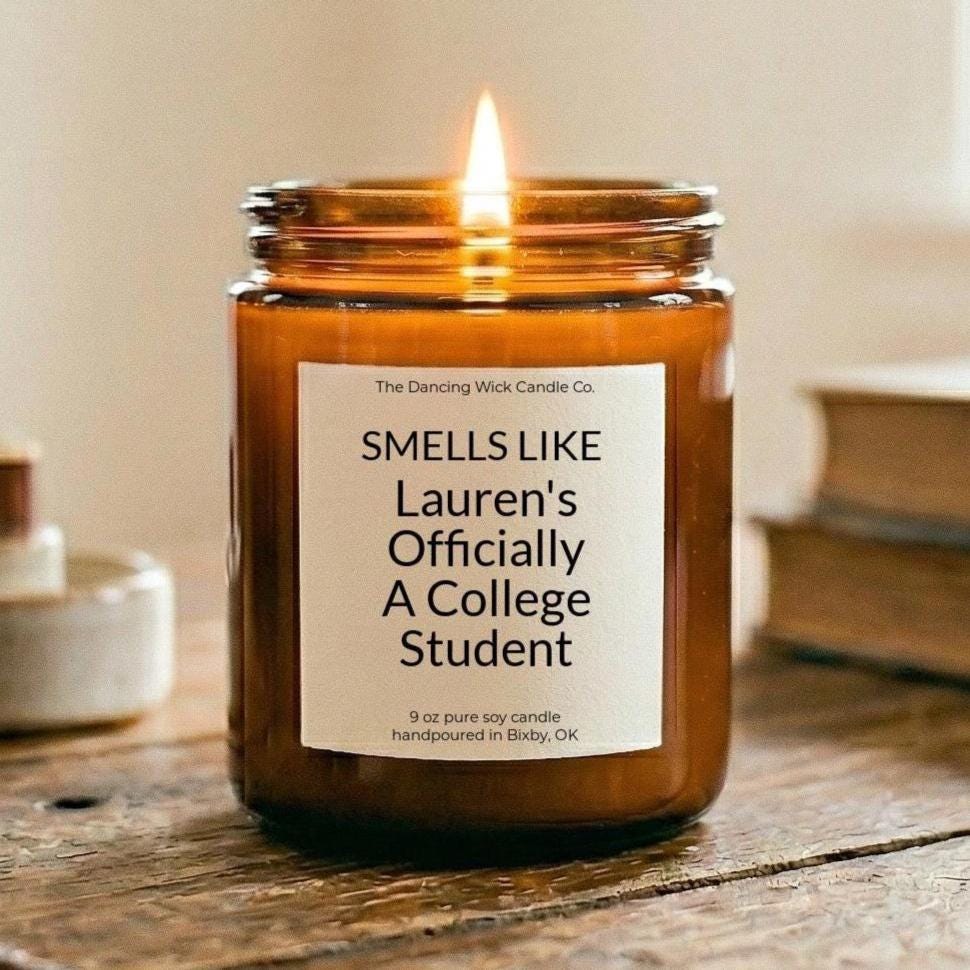 Personalized Going to College Amber Candle Gift - The Dancing Wick