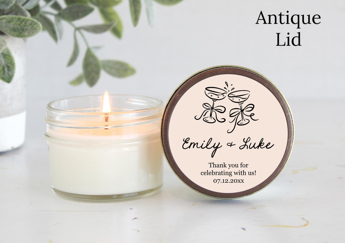 Personalized Wedding Favor Candles – Hand drawn Champagne Style - The Dancing Wick