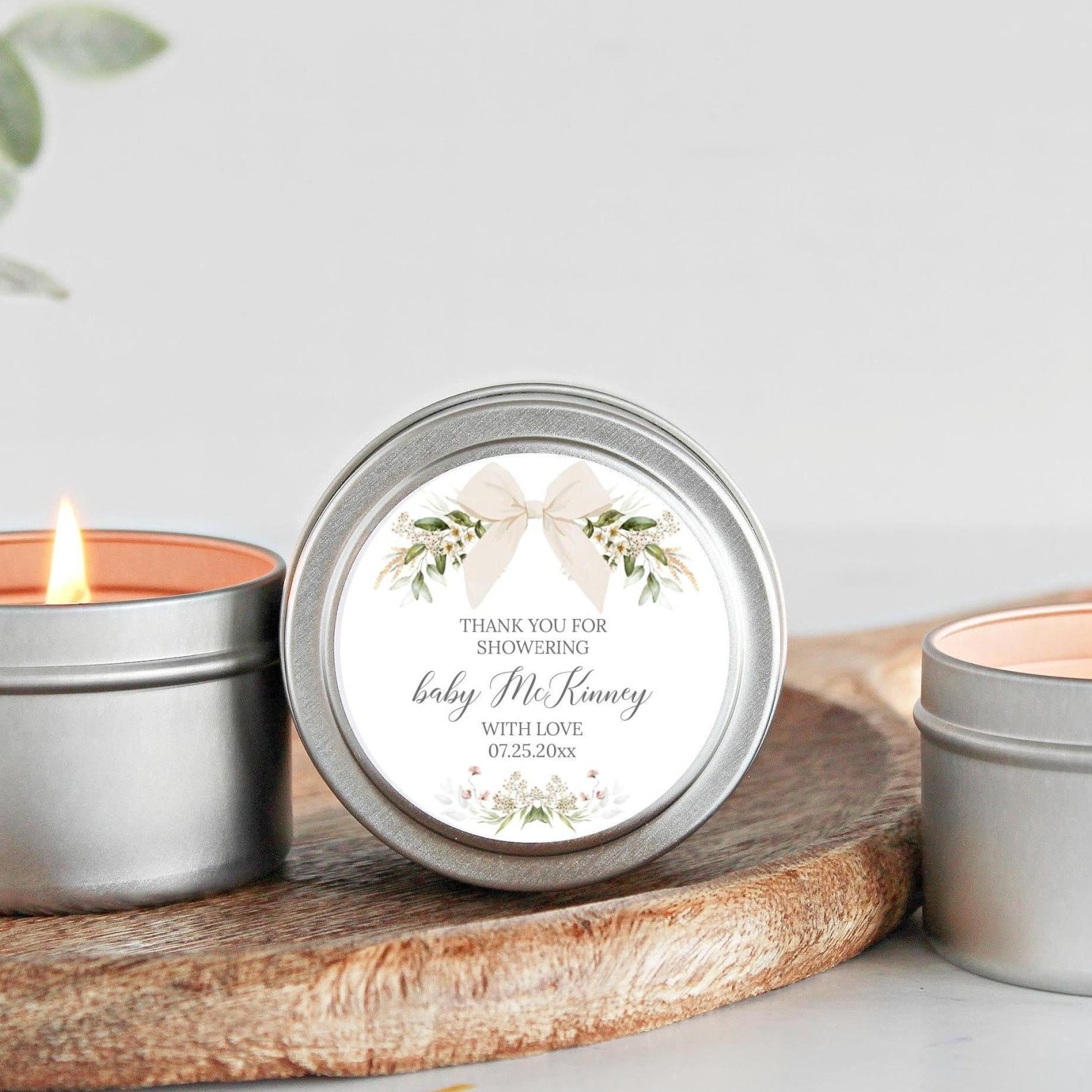 Vintage Floral & Bow Baby Shower Tin Favors, Personalized Poem, Set of 10 - The Dancing Wick