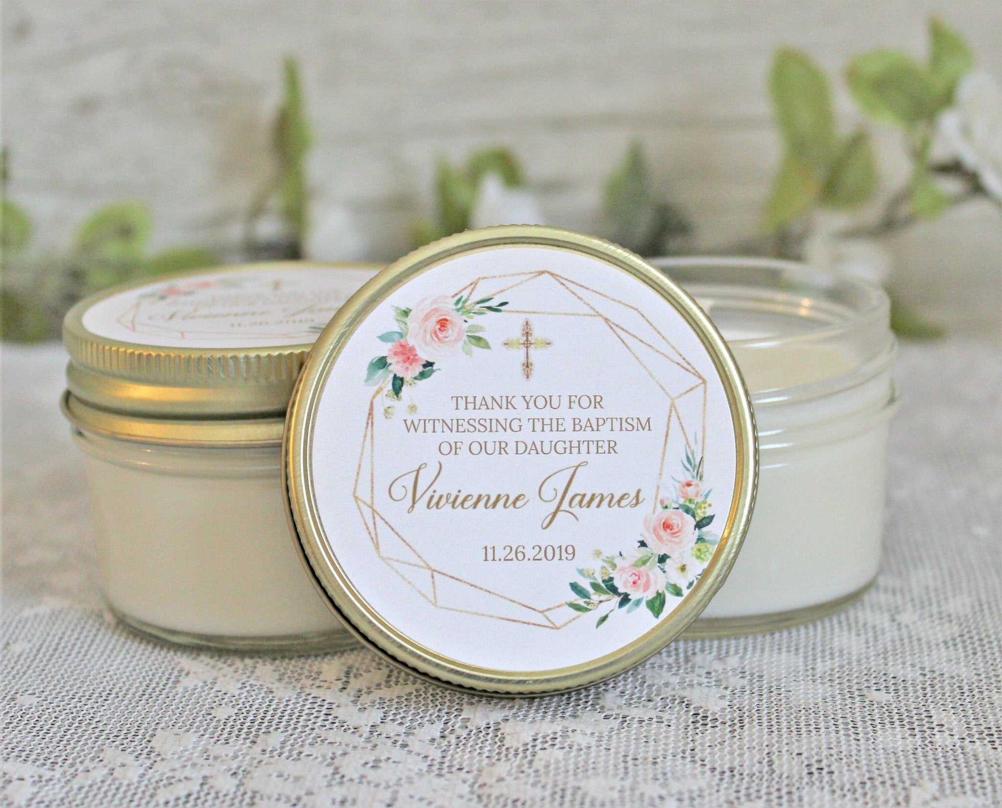 Blush, Gold & Greenery Baptism Favors - The Dancing Wick