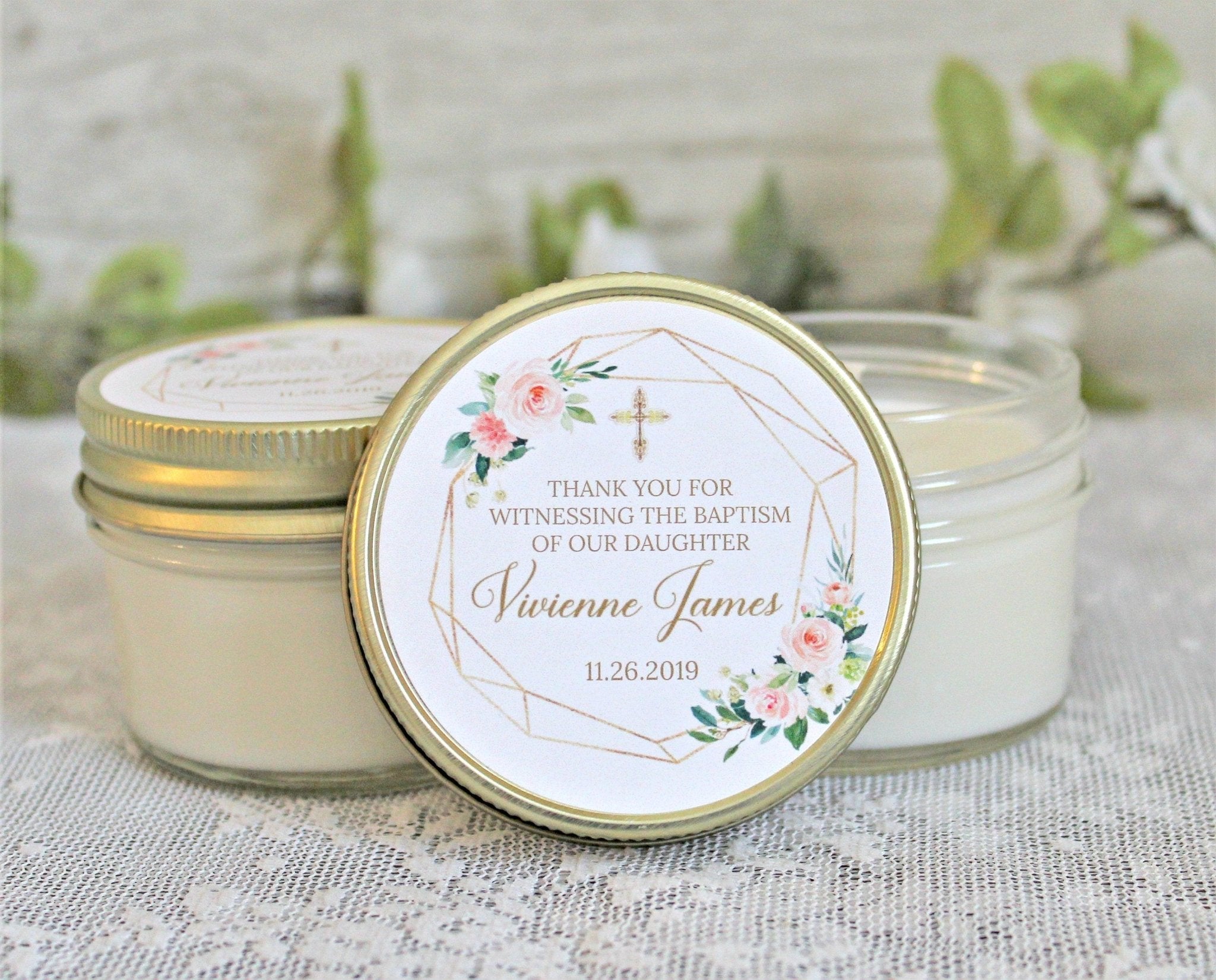 Blush, Gold & Greenery Baptism Favors - The Dancing Wick