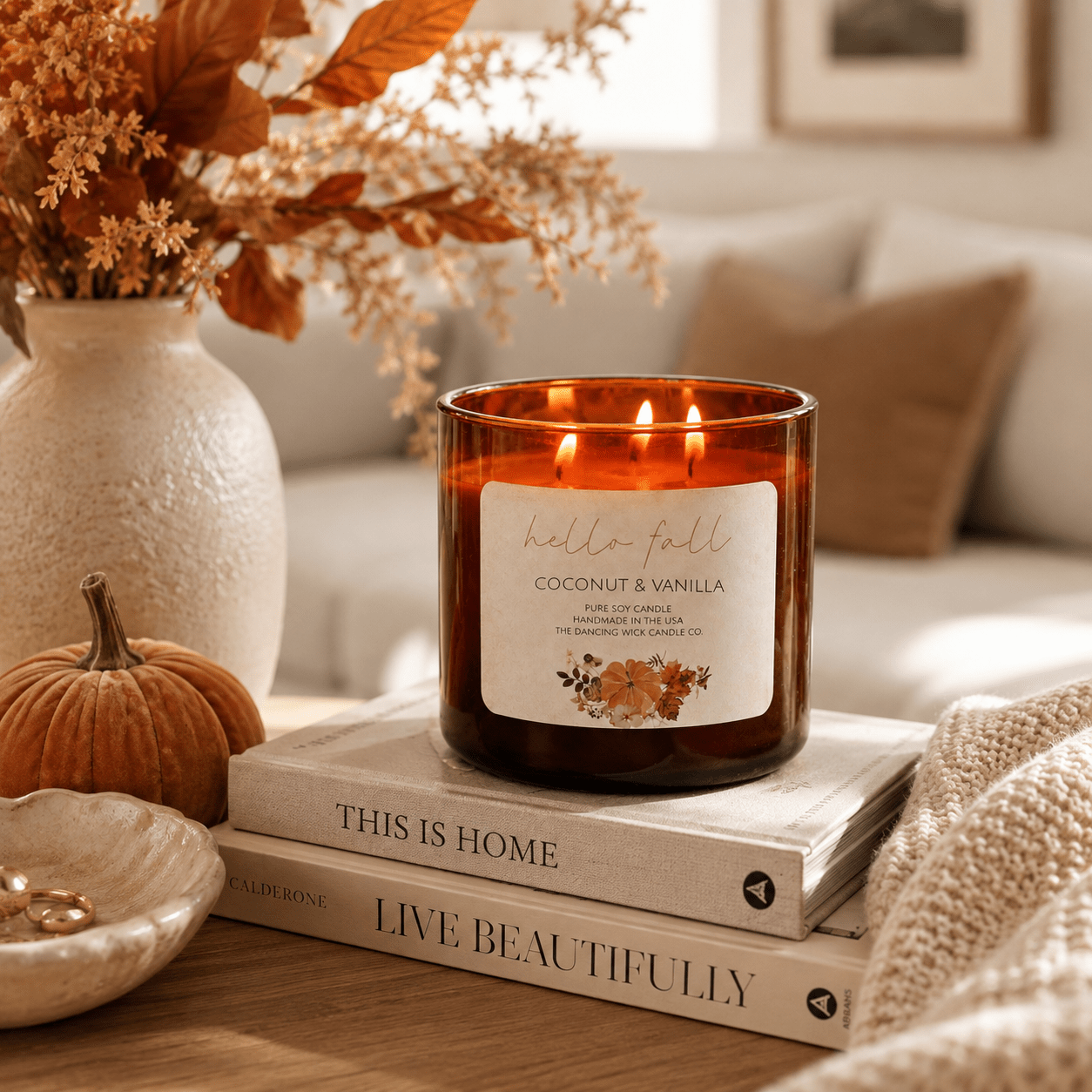 Coconut + Vanilla - 3 Wick Fall Pumpkin Candle - The Dancing Wick