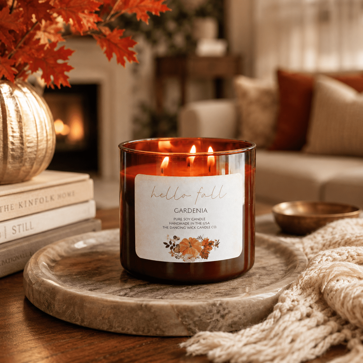 Gardenia - 3 Wick Fall Pumpkin Candle - The Dancing Wick