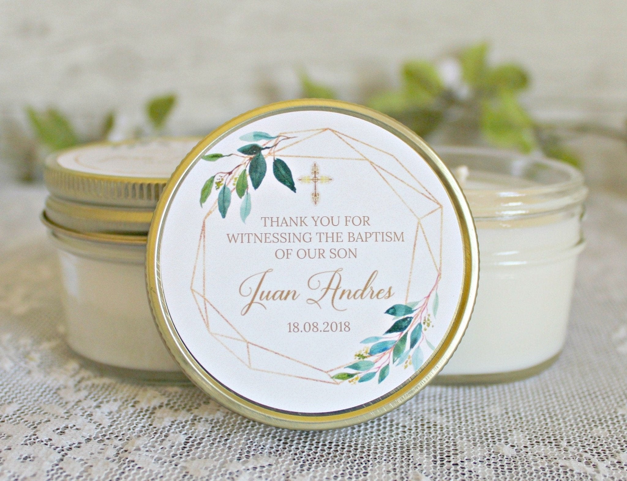 Gold & Greenery Baptism Favors - The Dancing Wick