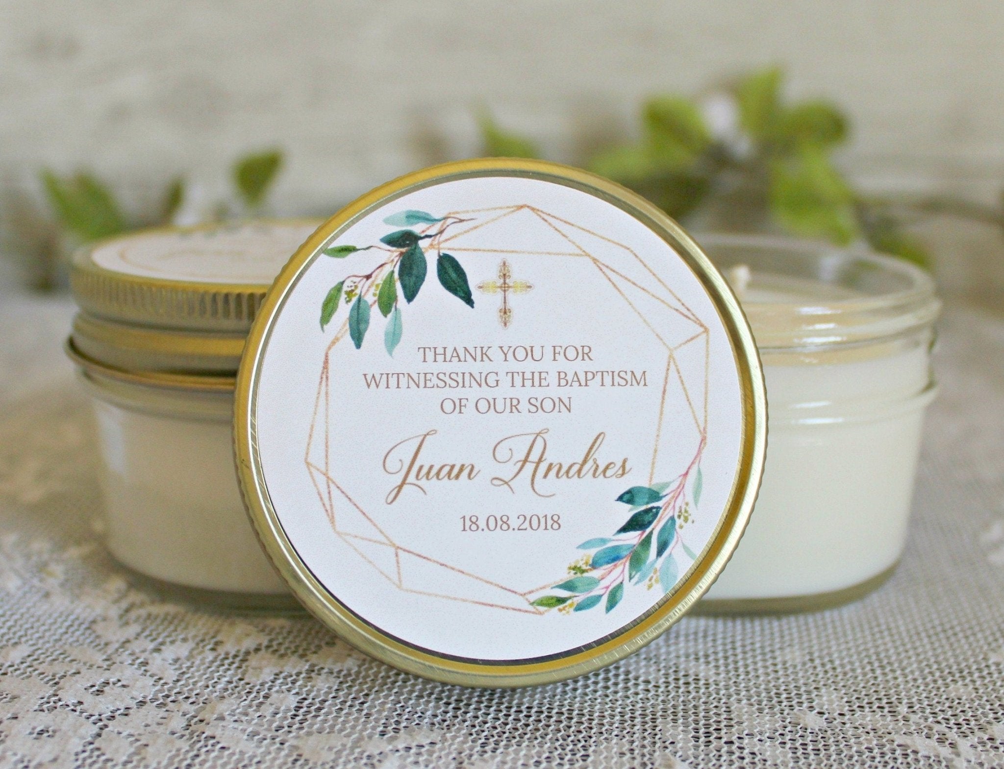 Gold & Greenery Baptism Favors - The Dancing Wick