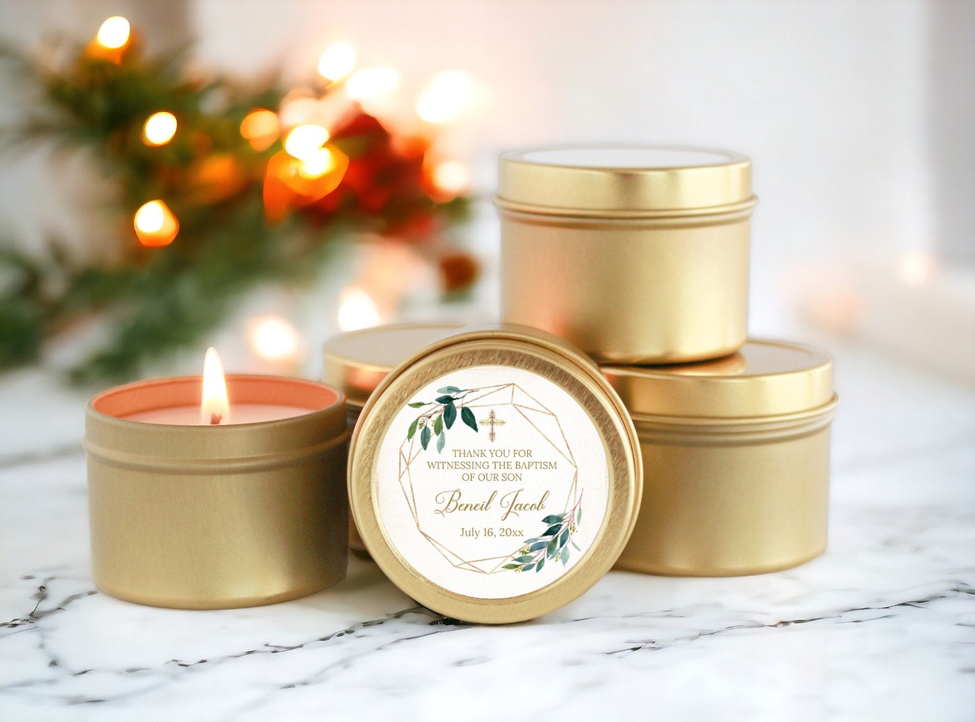 Greenery & Gold Baptism Tins - Set of 10 - The Dancing Wick