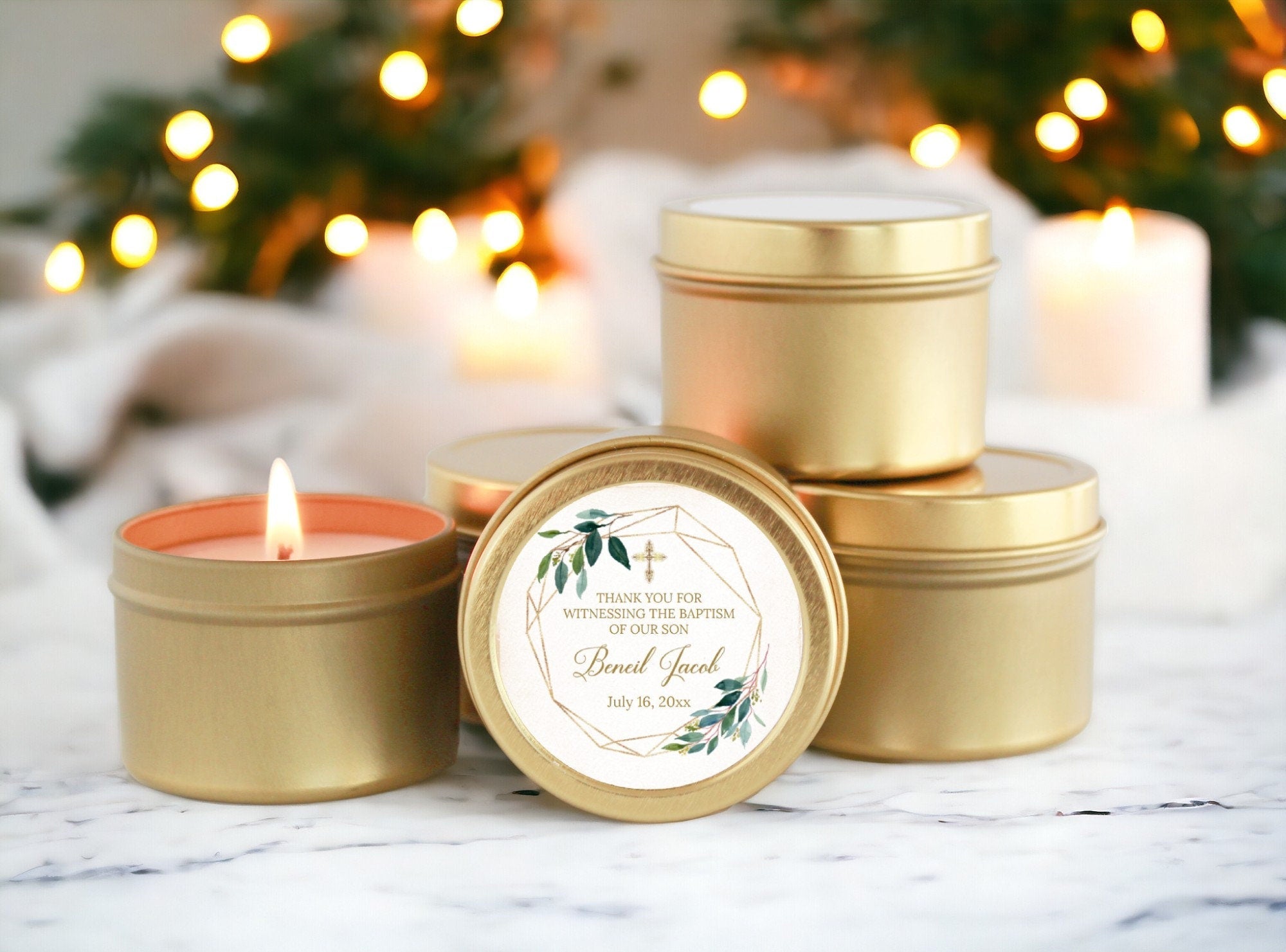 Greenery & Gold Baptism Tins - Set of 10 - The Dancing Wick