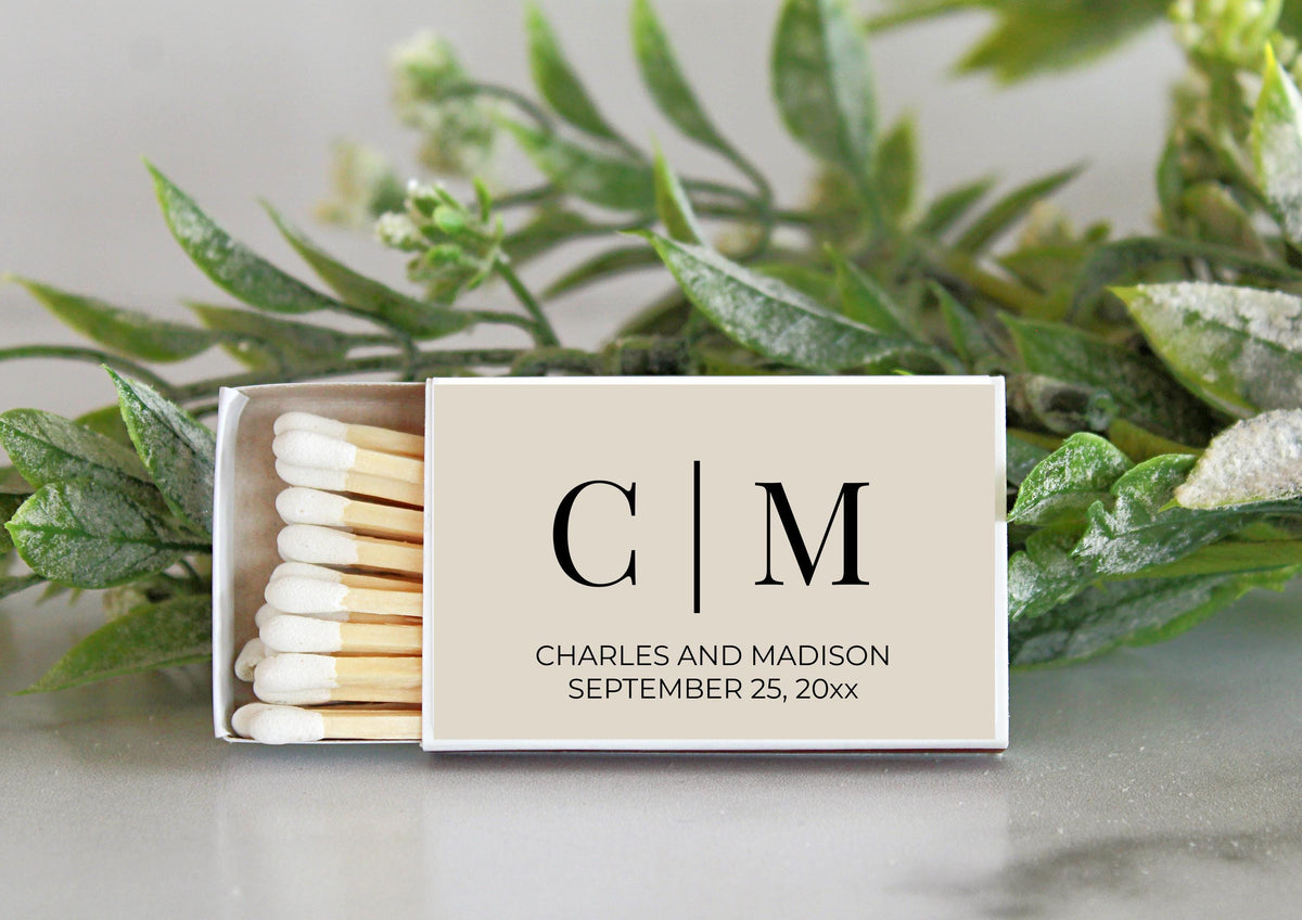 Personalized Wedding Matchbox Favors: Elegant Monogram, Custom Colors (Set of 10)