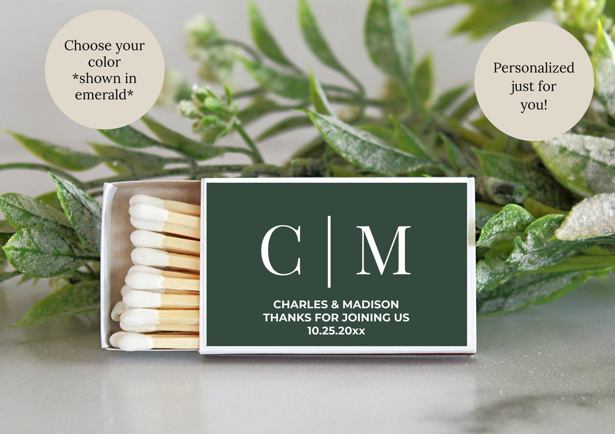 Personalized Wedding Matchbox Favors: Elegant Monogram, Custom Colors (Set of 10)
