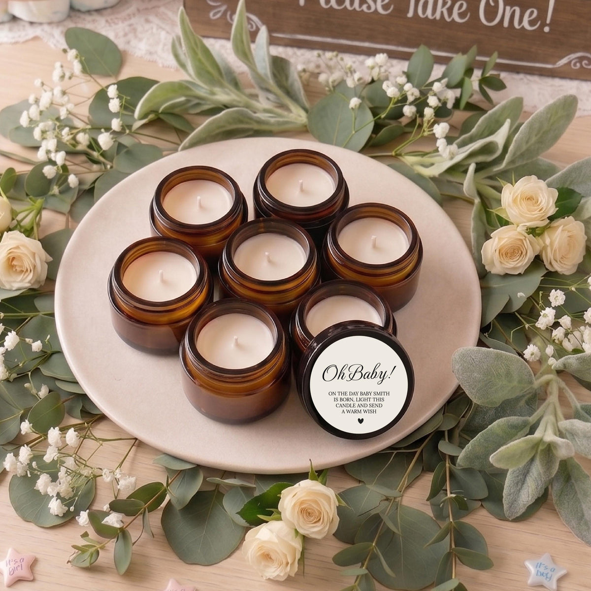 Baby Shower Candle Favors | 1 oz & 2 oz Mini Soy Candles | Oh Baby Custom Guest Bulk Favors in Sets of 10 | Scent of Choice | Brown Glass