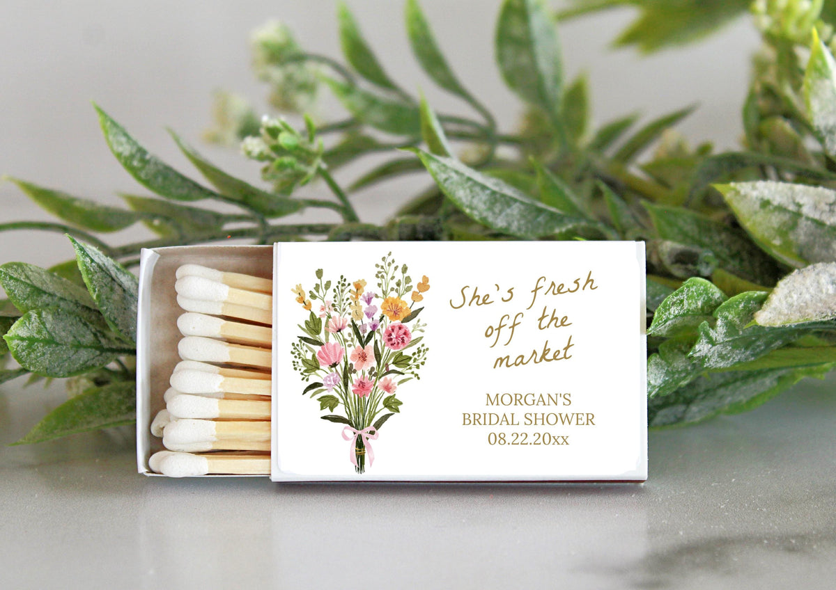 Fresh Off The Market Matchbox Favors, Bridal Shower Matches, Love in Bloom Wedding Favor, Garden Party Favor Matches